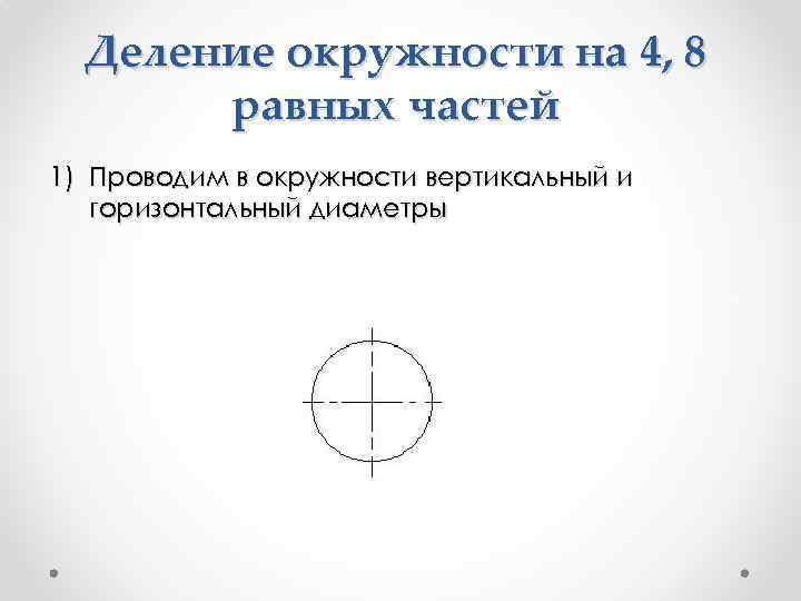 Деление окружности на 4, 8 равных частей 1) Проводим в окружности вертикальный и горизонтальный