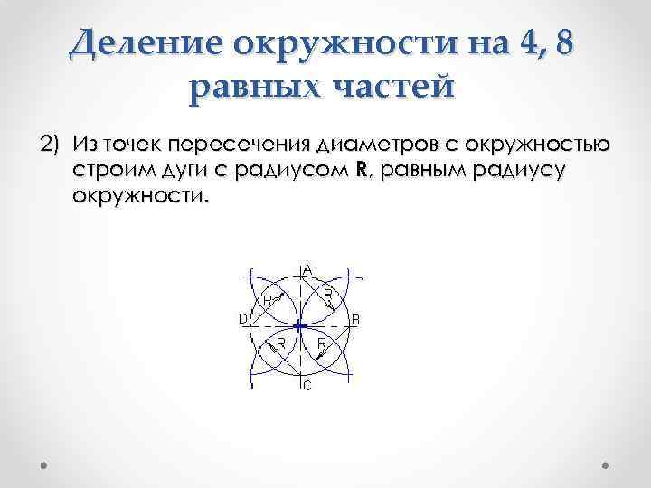 Деление окружности на 4, 8 равных частей 2) Из точек пересечения диаметров с окружностью