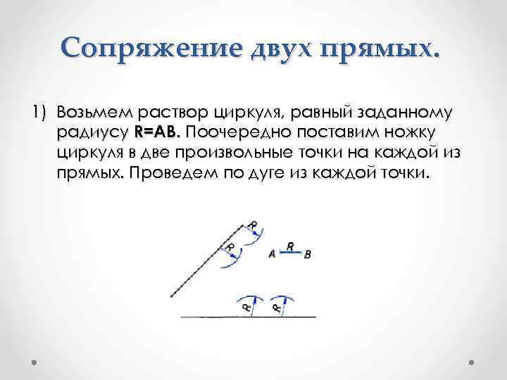 Сопряжение двух прямых. 1) Возьмем раствор циркуля, равный заданному радиусу R=AB. Поочередно поставим ножку