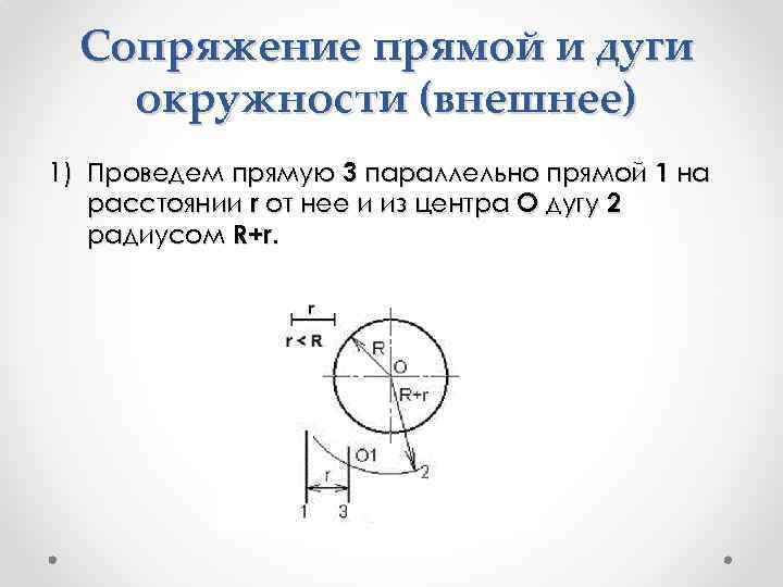 Сопряжение прямой и дуги окружности (внешнее) 1) Проведем прямую 3 параллельно прямой 1 на