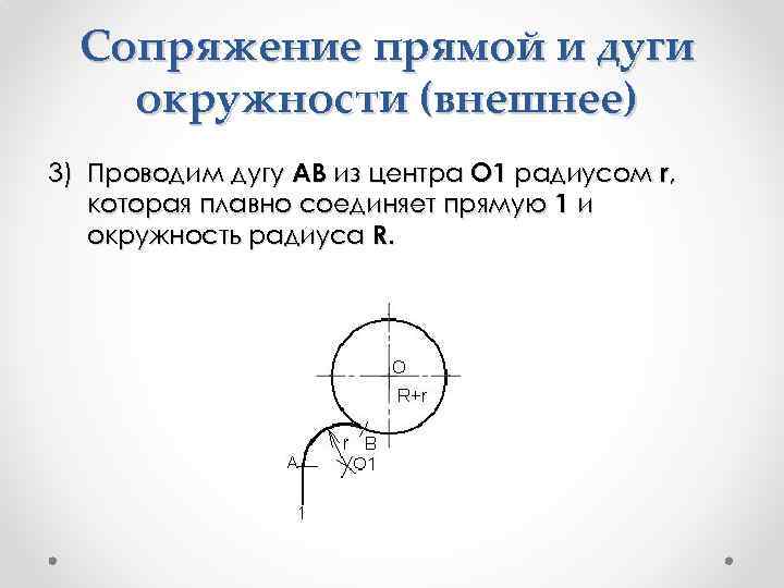 Сопряжение прямой и дуги окружности (внешнее) 3) Проводим дугу АВ из центра О 1