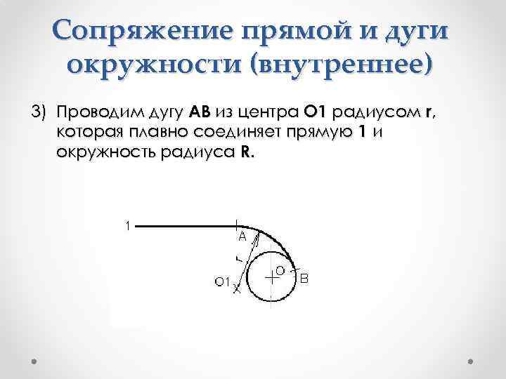 Сопряжение прямой и дуги окружности (внутреннее) 3) Проводим дугу АВ из центра О 1