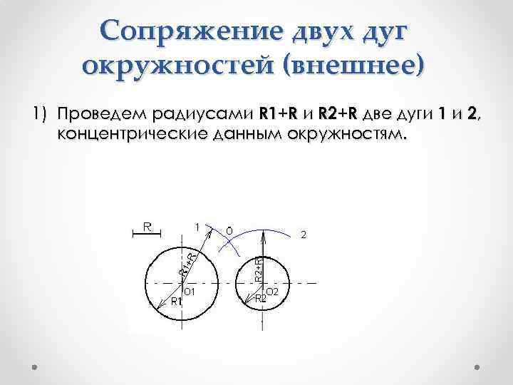 Сопряжение двух дуг окружностей (внешнее) 1) Проведем радиусами R 1+R и R 2+R две