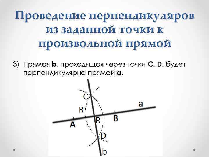 Проведение перпендикуляров из заданной точки к произвольной прямой 3) Прямая b, проходящая через точки