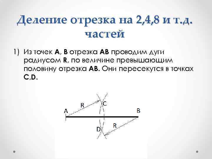 Деление отрезка на 2, 4, 8 и т. д. частей 1) Из точек A,