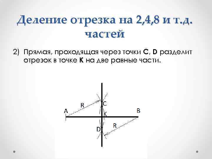 Деление отрезка на 2, 4, 8 и т. д. частей 2) Прямая, проходящая через