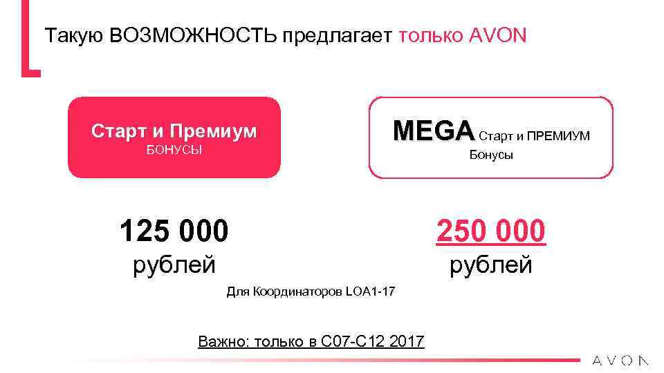 Такую ВОЗМОЖНОСТЬ предлагает только AVON Старт и Премиум БОНУСЫ MEGA Старт и ПРЕМИУМ Бонусы