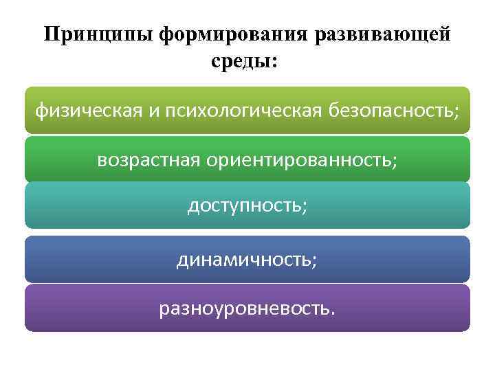 Принципы формирования развивающей среды: физическая и психологическая безопасность; возрастная ориентированность; доступность; динамичность; разноуровневость. 