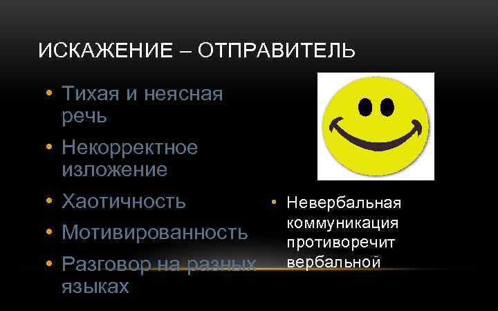 ИСКАЖЕНИЕ – ОТПРАВИТЕЛЬ • Тихая и неясная речь • Некорректное изложение • Хаотичность •