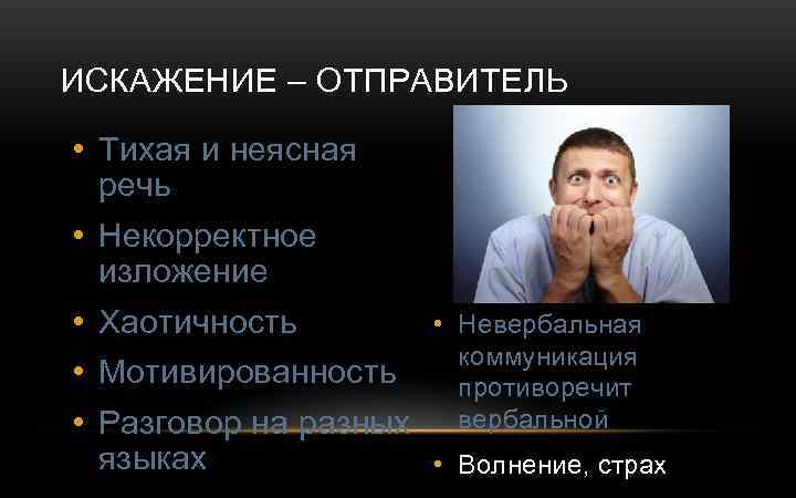 ИСКАЖЕНИЕ – ОТПРАВИТЕЛЬ • Тихая и неясная речь • Некорректное изложение • Хаотичность •