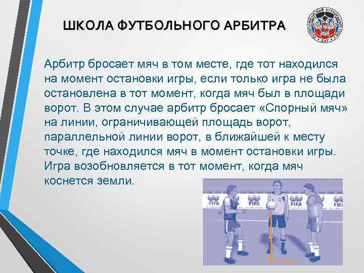 ШКОЛА ФУТБОЛЬНОГО АРБИТРА Арбитр бросает мяч в том месте, где тот находился на момент