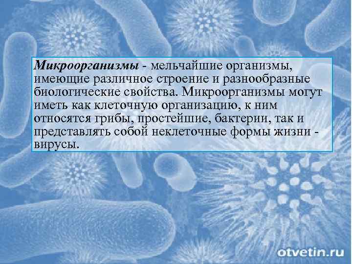 Микроорганизмы - мельчайшие организмы, имеющие различное строение и разнообразные биологические свойства. Микроорганизмы могут иметь