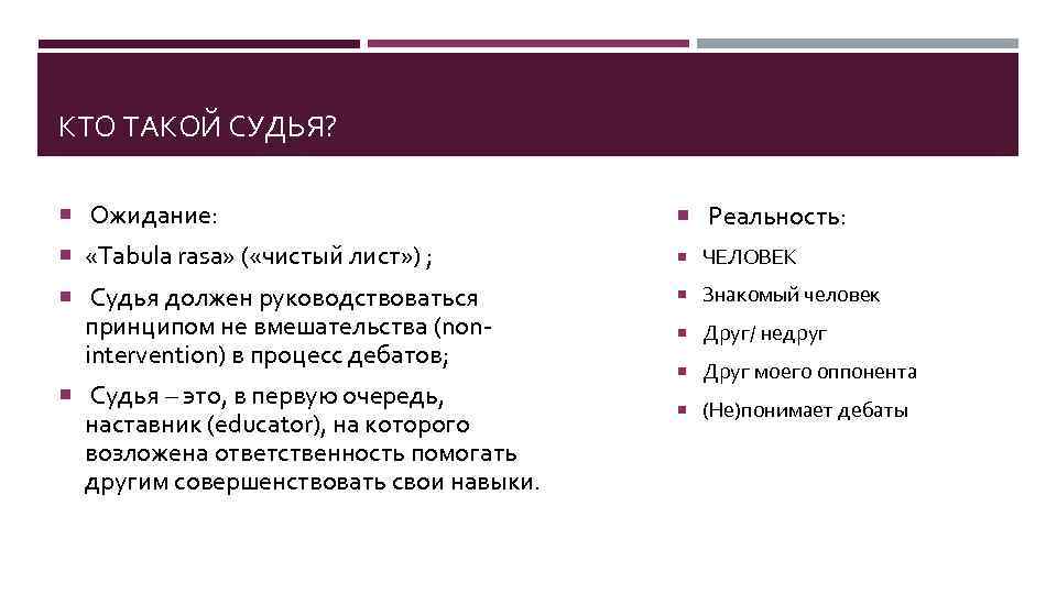 КТО ТАКОЙ СУДЬЯ? Ожидание: Реальность: «Tabula rasa» ( «чистый лист» ) ; ЧЕЛОВЕК Судья