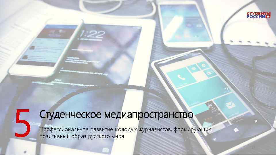 5 Студенческое медиапространство Профессиональное развитие молодых журналистов, формирующих позитивный образ русского мира 17 