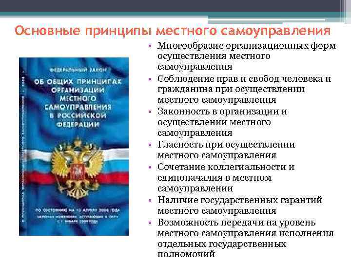 Основные принципы местного самоуправления • Многообразие организационных форм осуществления местного самоуправления • Соблюдение прав
