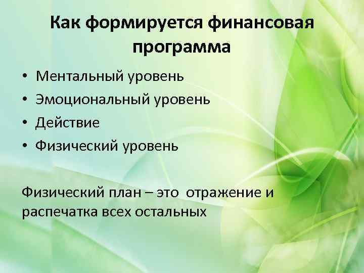 Как формируется финансовая программа • • Ментальный уровень Эмоциональный уровень Действие Физический уровень Физический