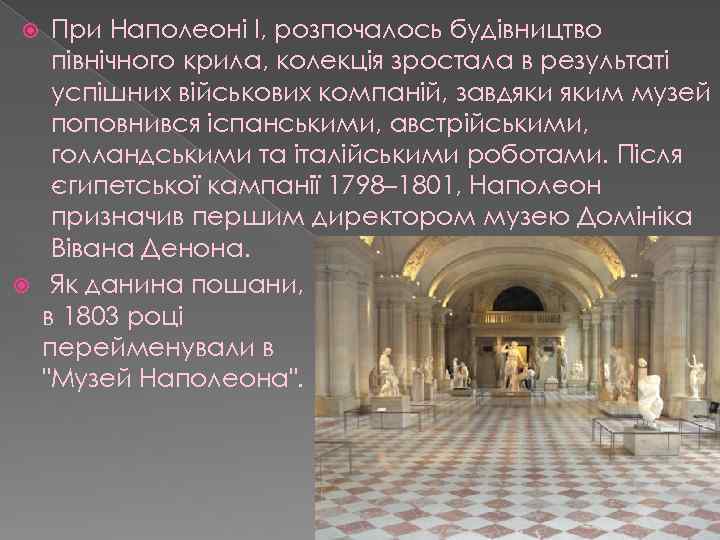 При Наполеоні I, розпочалось будівництво північного крила, колекція зростала в результаті успішних військових компаній,