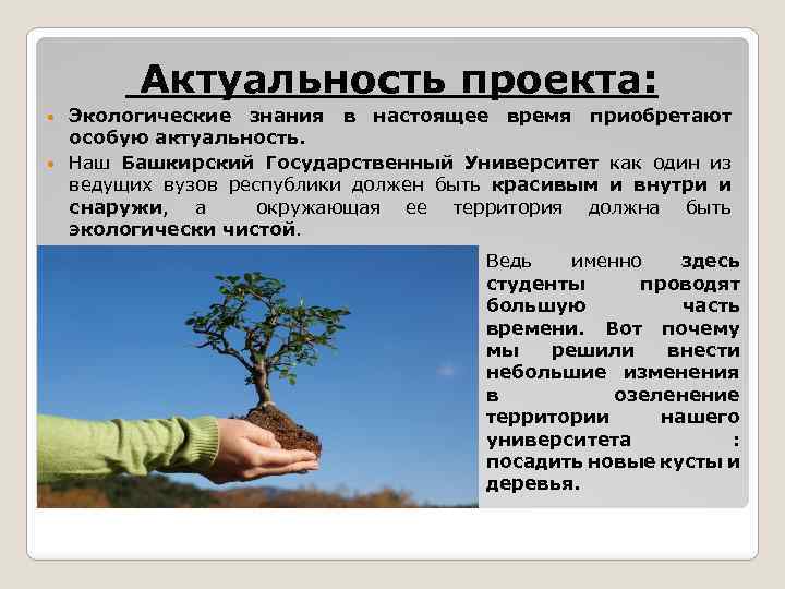 Актуальность проекта: Экологические знания в настоящее время приобретают особую актуальность. Наш Башкирский Государственный Университет