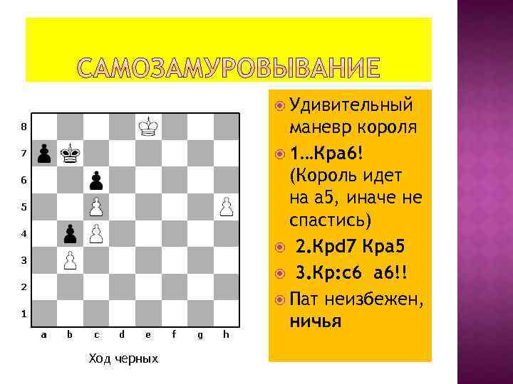  Удивительный маневр короля 1…Кра 6! (Король идет на а 5, иначе не спастись)