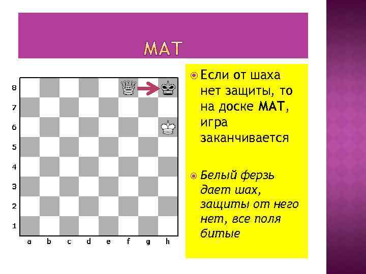  Если от шаха нет защиты, то на доске МАТ, игра заканчивается Белый ферзь
