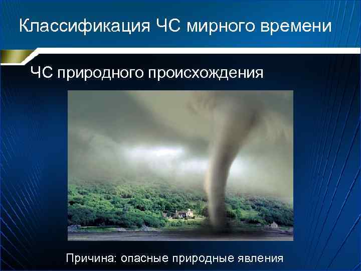 Классификация ЧС мирного времени ЧС природного происхождения Причина: опасные природные явления 