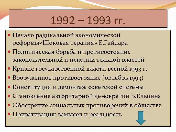 1992 – 1993 гг. Начало радикальной экономической реформы» Шоковая терапия» Е. Гайдара Политическая борьба