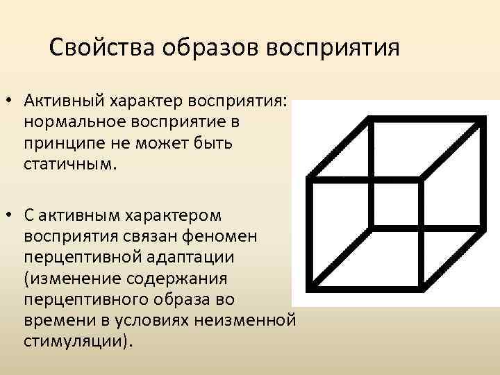 Свойства образов восприятия • Активный характер восприятия: нормальное восприятие в принципе не может быть