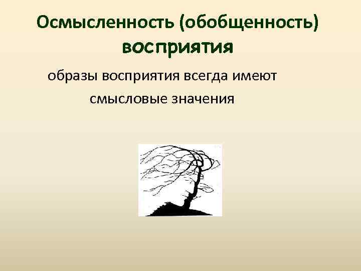 Осмысленность (обобщенность) восприятия образы восприятия всегда имеют смысловые значения 
