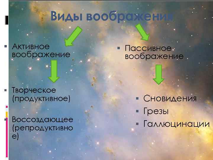 Виды воображения Активное воображение Творческое (продуктивное) Воссоздающее (репродуктивно е) Пассивное воображение Сновидения Грезы Галлюцинации