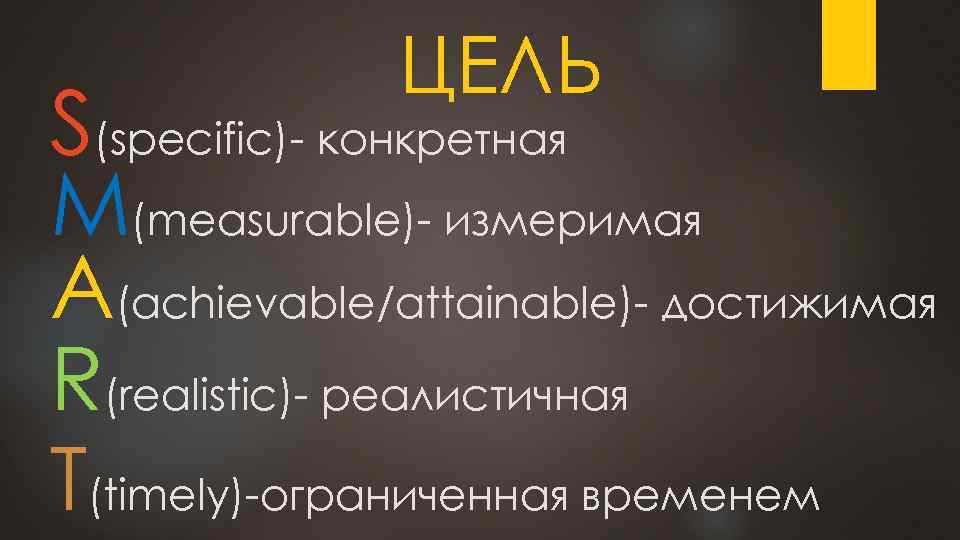 ЦЕЛЬ S(specific)- конкретная M(meаsurаble)- измеримая А(аchievаble/аttainable)- достижимая R(reаlistic)- реалистичная T(timely)-ограниченная временем 