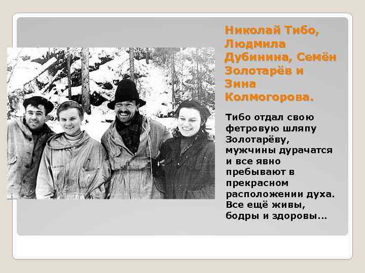 Николай Тибо, Людмила Дубинина, Семён Золотарёв и Зина Колмогорова. Тибо отдал свою фетровую шляпу