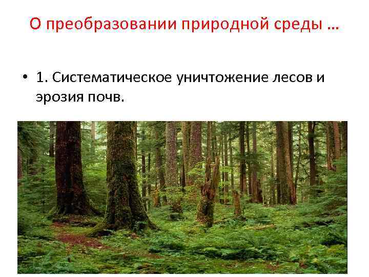 О преобразовании природной среды … • 1. Систематическое уничтожение лесов и эрозия почв. 