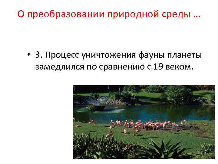 О преобразовании природной среды … • 3. Процесс уничтожения фауны планеты замедлился по сравнению