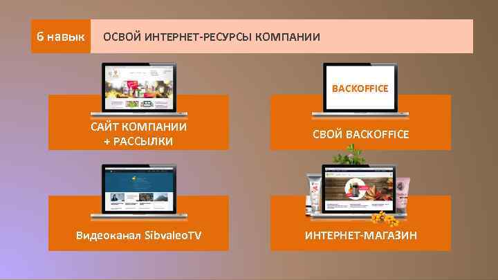 6 навык ОСВОЙ ИНТЕРНЕТ-РЕСУРСЫ КОМПАНИИ BACKOFFICE САЙТ КОМПАНИИ + РАССЫЛКИ СВОЙ BACKOFFICE Видеоканал Sibvaleo.