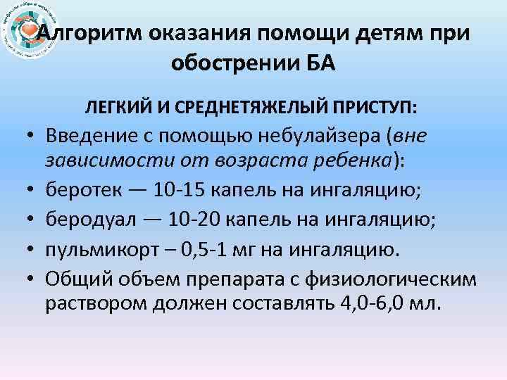 Алгоритм оказания помощи детям при обострении БА ЛЕГКИЙ И СРЕДНЕТЯЖЕЛЫЙ ПРИСТУП: • Введение с