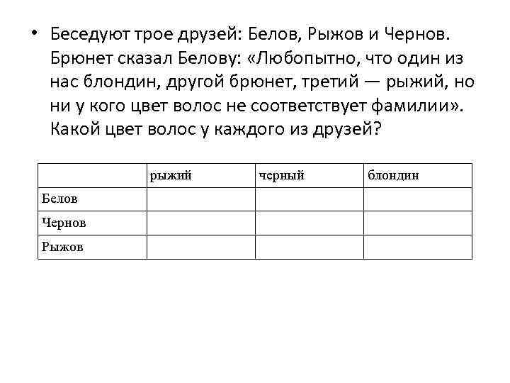  • Беседуют трое друзей: Белов, Рыжов и Чернов. Брюнет сказал Белову: «Любопытно, что