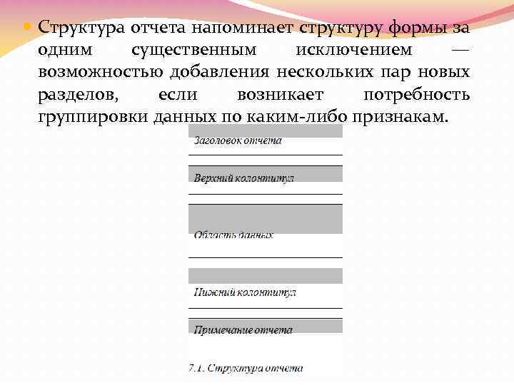  Структура отчета напоминает структуру формы за одним существенным исключением — возможностью добавления нескольких