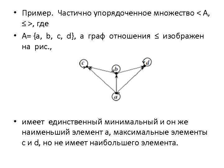  • Пример. Частично упорядоченное множество < А, ≤ >, где • А= {a,