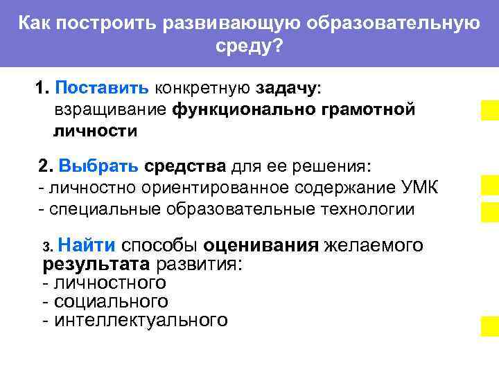 Как построить развивающую образовательную среду? 1. Поставить конкретную задачу: взращивание функционально грамотной личности 2.