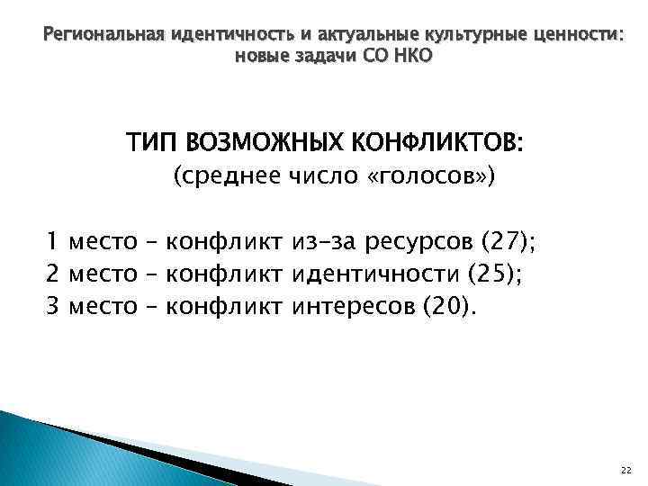 Региональная идентичность и актуальные культурные ценности: новые задачи СО НКО ТИП ВОЗМОЖНЫХ КОНФЛИКТОВ: (среднее