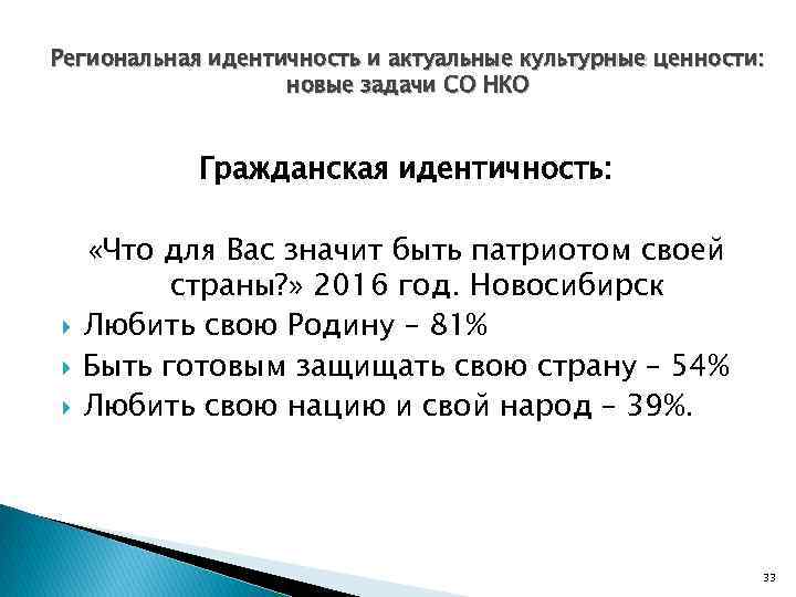 Региональная идентичность и актуальные культурные ценности: новые задачи СО НКО Гражданская идентичность: «Что для