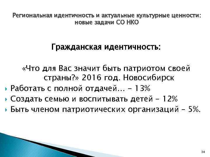 Региональная идентичность и актуальные культурные ценности: новые задачи СО НКО Гражданская идентичность: «Что для