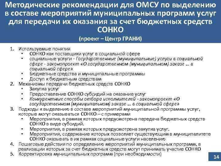 Методические рекомендации для ОМСУ по выделению в составе мероприятий муниципальных программ услуг для передачи