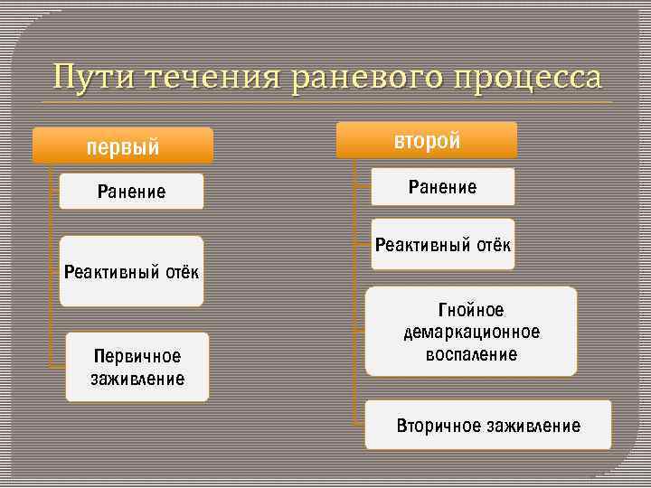 Пути течения раневого процесса первый Ранение второй Ранение Реактивный отёк Первичное заживление Гнойное демаркационное