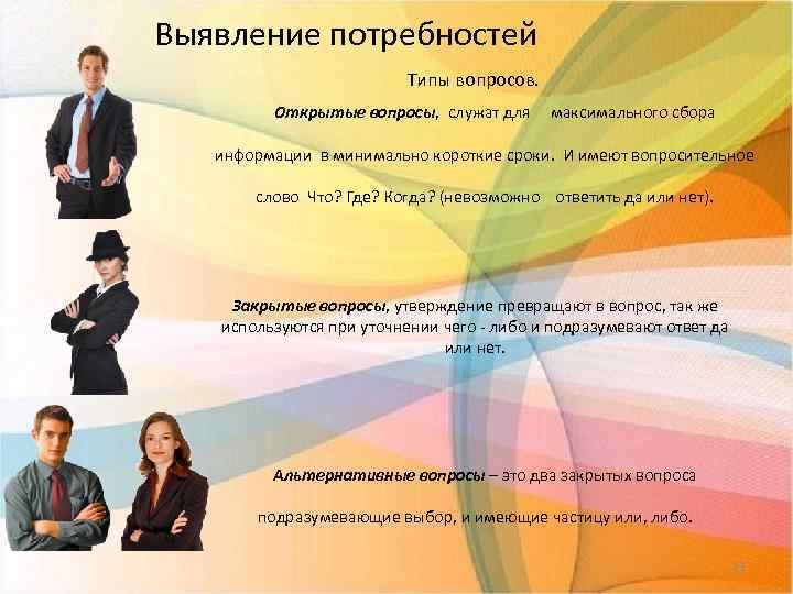 Выявление потребностей Типы вопросов. Открытые вопросы, служат для максимального сбора информации в минимально короткие