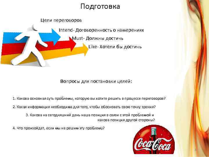 Подготовка Цели переговоров Intend- Договоренность о намерениях Must- Должны достичь Like- Хотели бы достичь