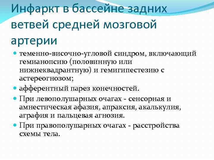 Инфаркт в бассейне задних ветвей средней мозговой артерии теменно-височно-угловой синдром, включающий гемианопсию (половинную или