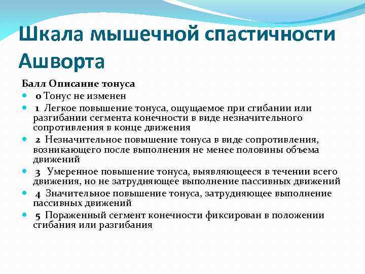 Шкала мышечной спастичности Ашворта Балл Описание тонуса 0 Тонус не изменен 1 Легкое повышение