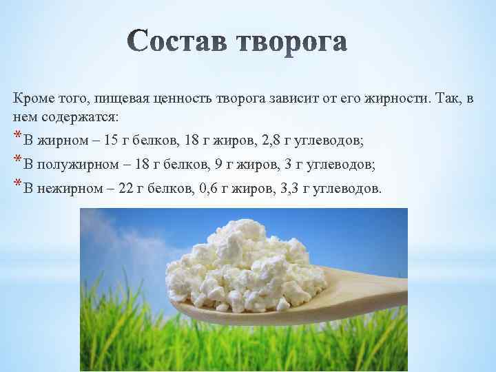 Кроме того, пищевая ценность творога зависит от его жирности. Так, в нем содержатся: *В