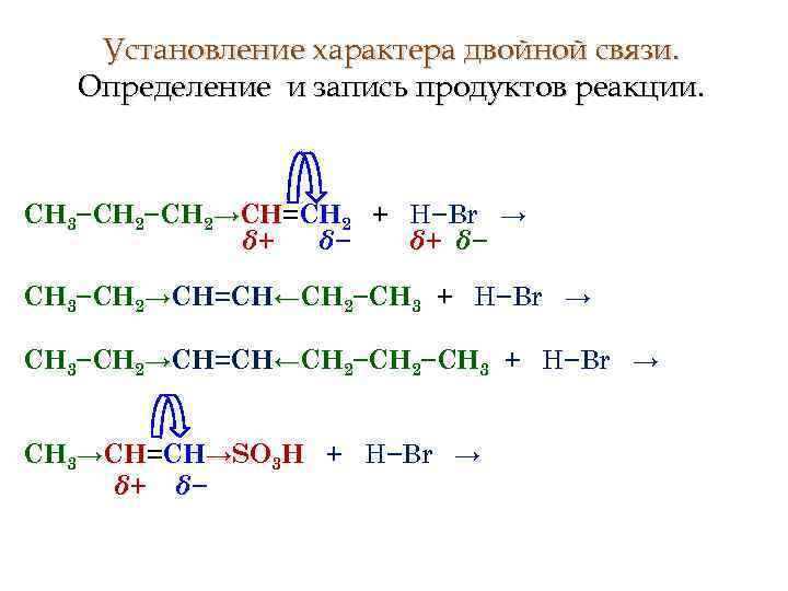 Установление характера двойной связи. Определение и запись продуктов реакции. СН 3−СН 2→СН=СН 2 +